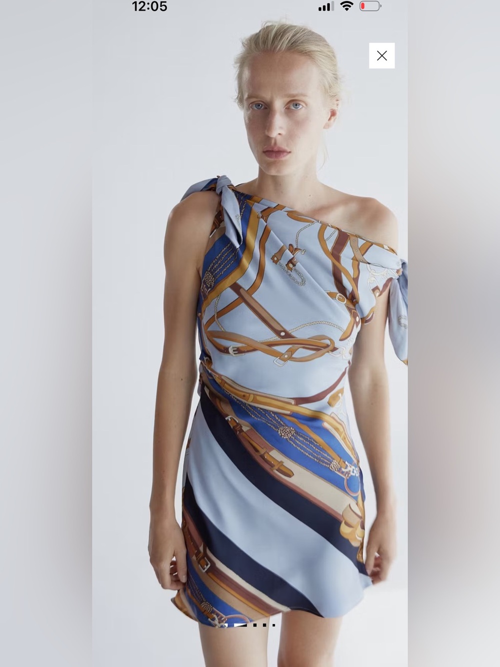 Mango One-Shoulder Light Blue Printed Satin Dress with Tan & Navy Accents